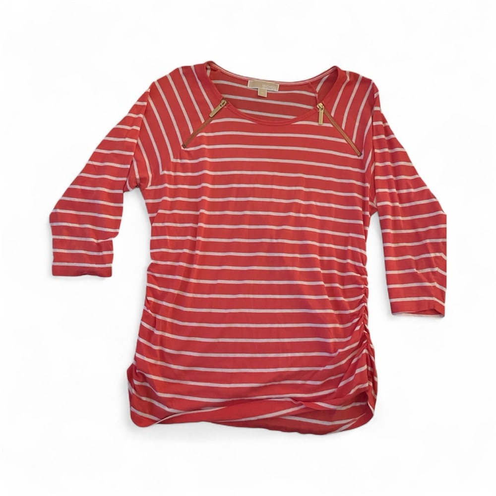 Michael Kors Coral and White Striped quarter length Sleeve Top